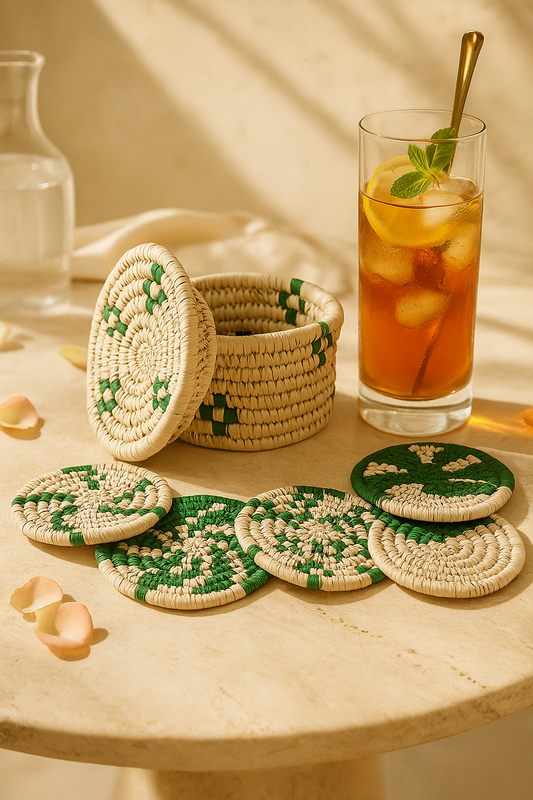 Sabai Grass Coasters – Handwoven Elegance (Set of 6 + Box)