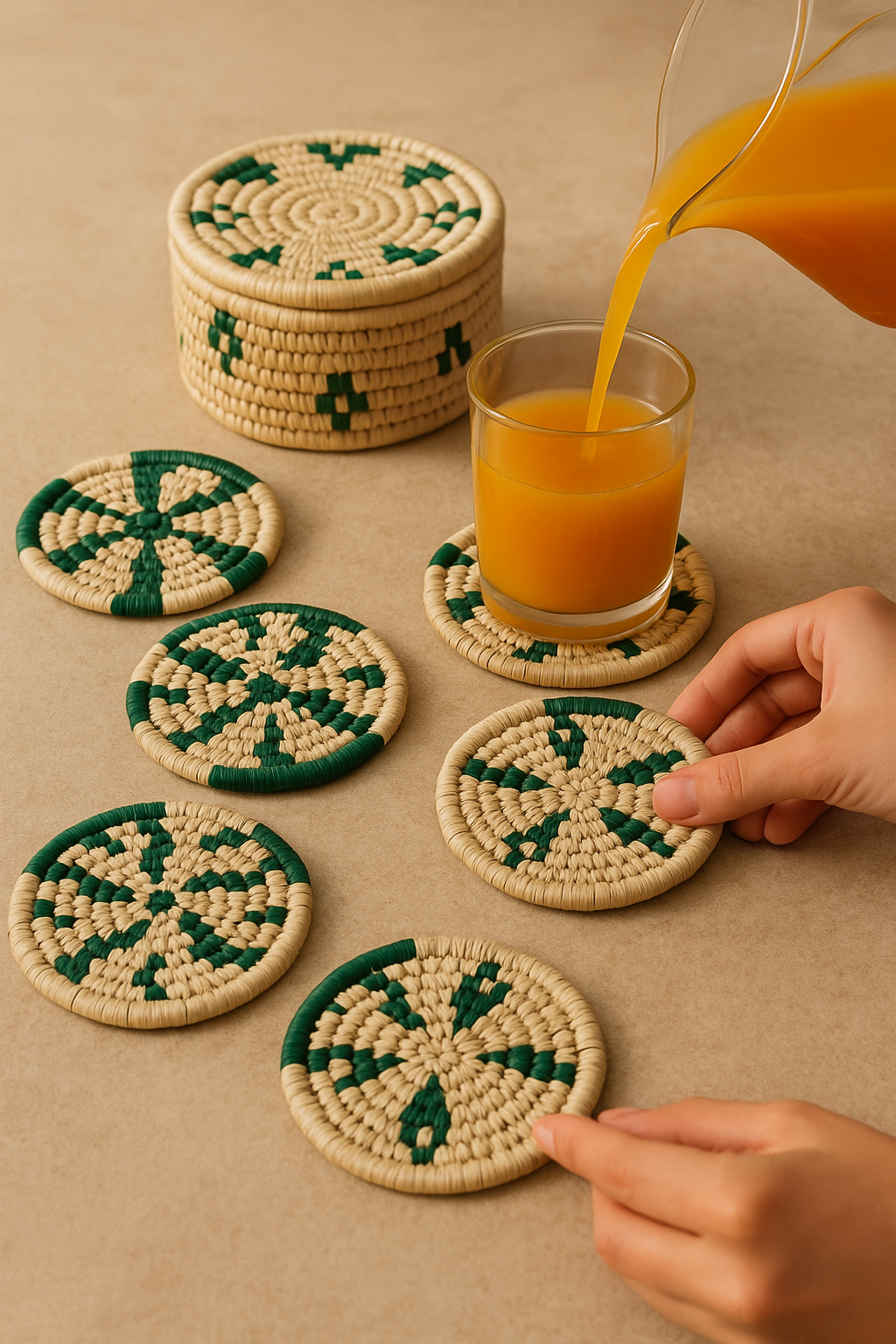Sabai Grass Coasters – Handwoven Elegance (Set of 6 + Box)